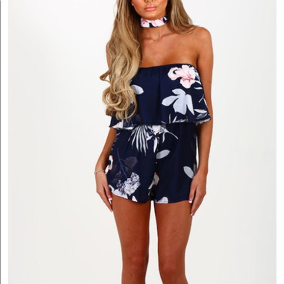 Blue Floral Romper with Matching Choker - Picture 3 of 3